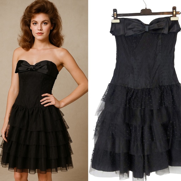 Vintage 1980s Black Polka Dot Strapless Tulle Party Dress - Picture 1 of 9